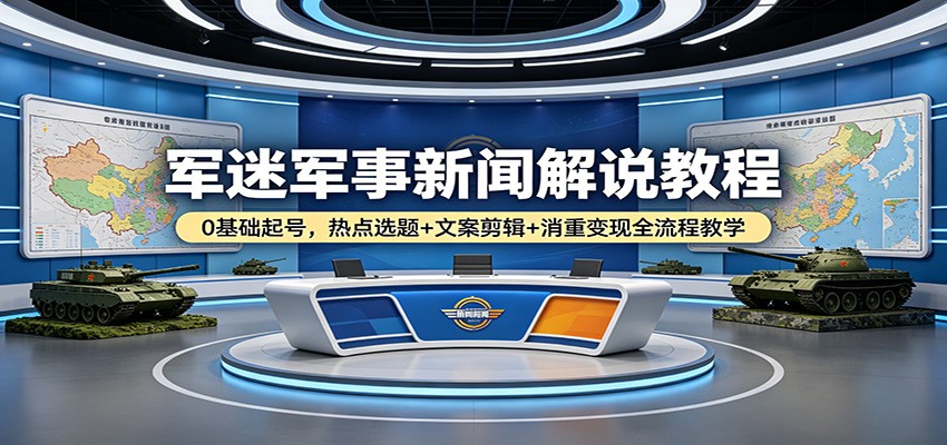 军迷军事新闻解说教程：0基础起号，热点选题+文案剪辑+消重变现全流程教学-老莫涯