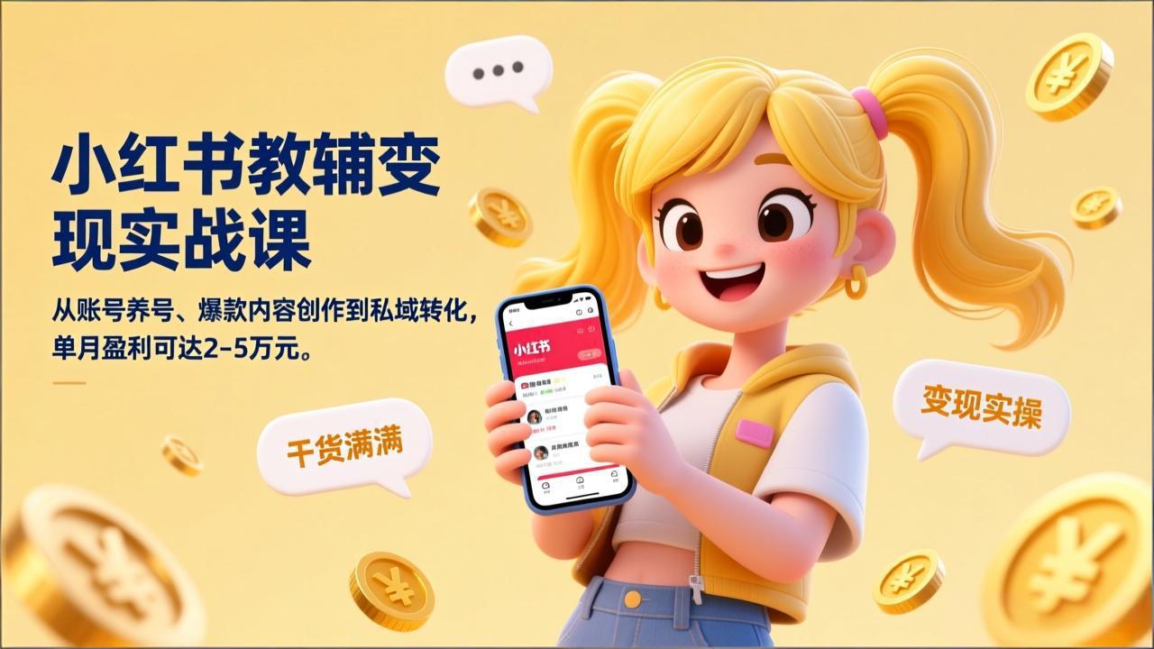 小红书教辅变现实战课，从账号养号、爆款内容创作到私域转化，单月盈利可达2-5万元-老莫涯