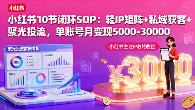 小红书10节闭环SOP：轻IP矩阵+私域获客+聚光投流，单账号月变现5000-30000-老莫涯