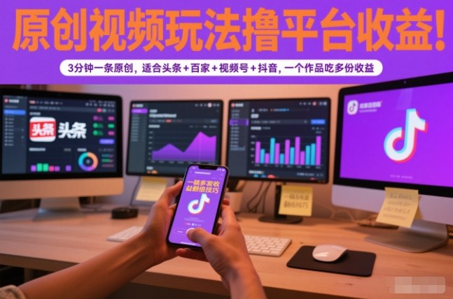 原创视频玩法撸平台收益，3分钟一条原创，适合头条+百家+视频号+抖音，一个作品吃多份收益-老莫涯