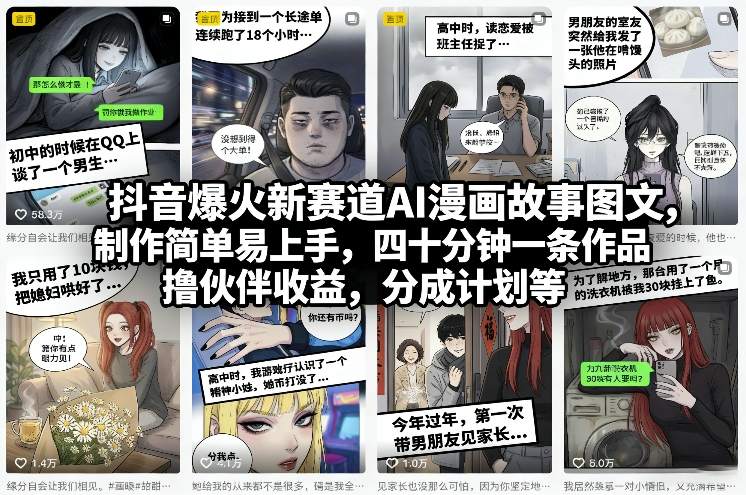 抖音爆火新赛道AI漫画故事图文，制作简单易上手，四十分钟一条作品，撸伙伴收益，分成计划等-老莫涯