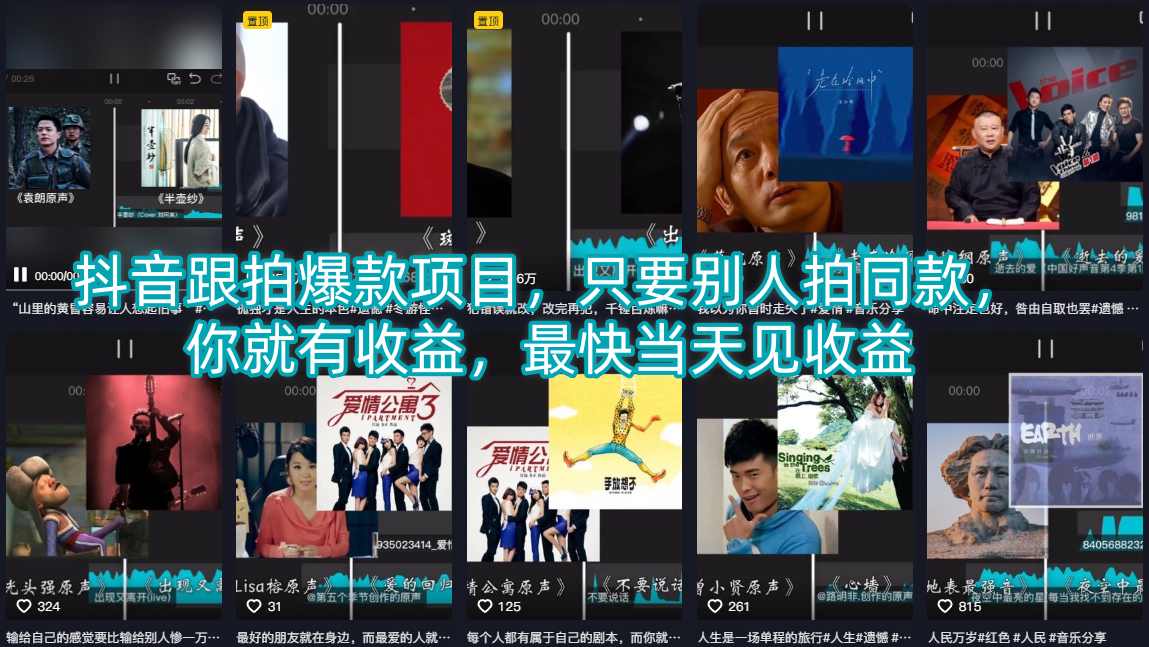抖音跟拍爆款项目，只要别人拍同款，你就有收益，最快当天见收益-老莫涯