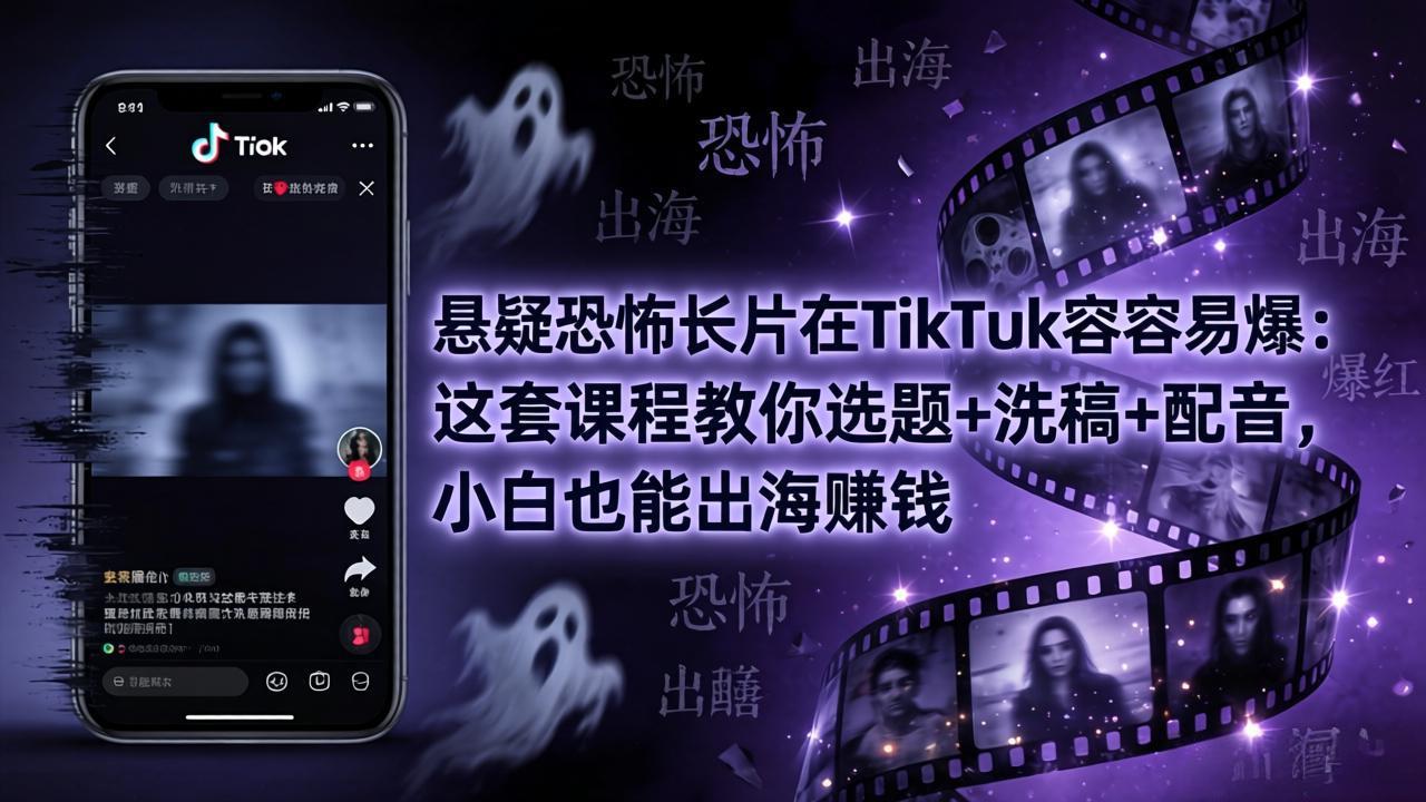 悬疑恐怖长片在TikTok最容易爆：这套课程教你选题+洗稿+配音，小白也能出海赚钱-老莫涯