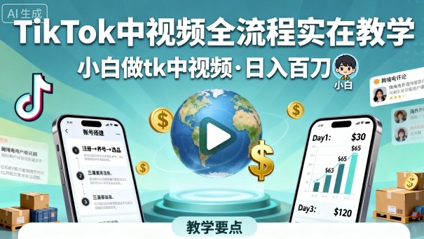 TikTok中视频全流程实操教学，小白做tk中视频，日入百刀-老莫涯