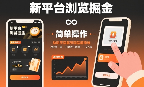 新平台浏览掘金，动动手指截张图就能挣米，2分钟一单，不限时不限量，一天5张【揭秘】-老莫涯