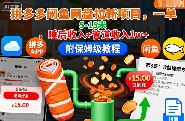 拼多多闲鱼网盘拉新项目，一单5-15米，睡后收入+管道收入1w+(附保姆级教程)-老莫涯