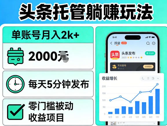 头条托管躺賺玩法，单账号月入2k+，每天5分钟发布即可，零门槛被动收益项目【揭秘】-老莫涯