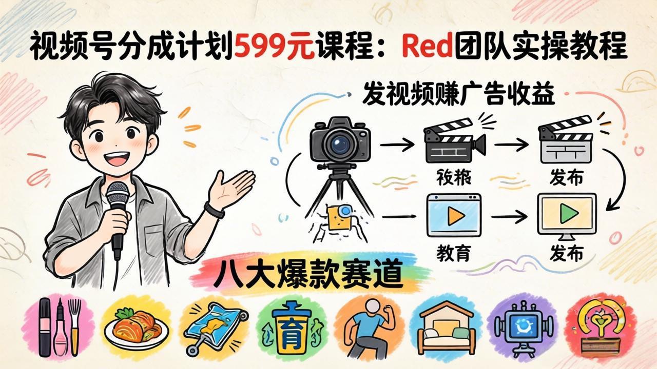视频号分成计划599元课程：Red团队实操教程，发视频赚广告收益，八大爆款赛道全掌握-老莫涯