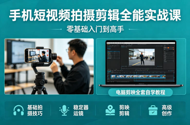 手机短视频拍摄剪辑全能实战课：零基础入门到高手，稳定器运镜+电脑剪映全套自学教程-老莫涯