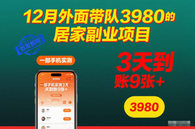 12月外面带队3980的居家副业项目，一部手机实测3天到账9张+，首发教程【揭秘】-老莫涯