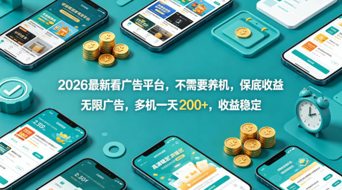2026最新看广告平台，不需要养机，保底收益，无限广告，多机一天200+，收益稳定【揭秘】-老莫涯