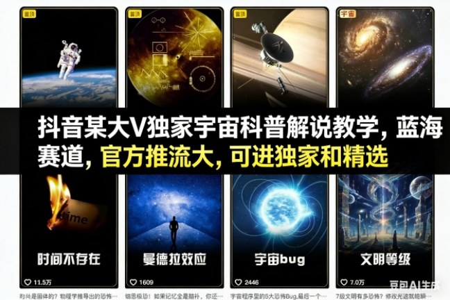 抖音某大V独家宇宙科普解说教学，蓝海赛道，官方推流大，可进独家和精选-老莫涯