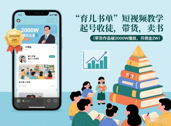 育儿书单短视频教学，起号收徒，带货，卖书(带货作品破2000W播放，月佣金2W)-老莫涯