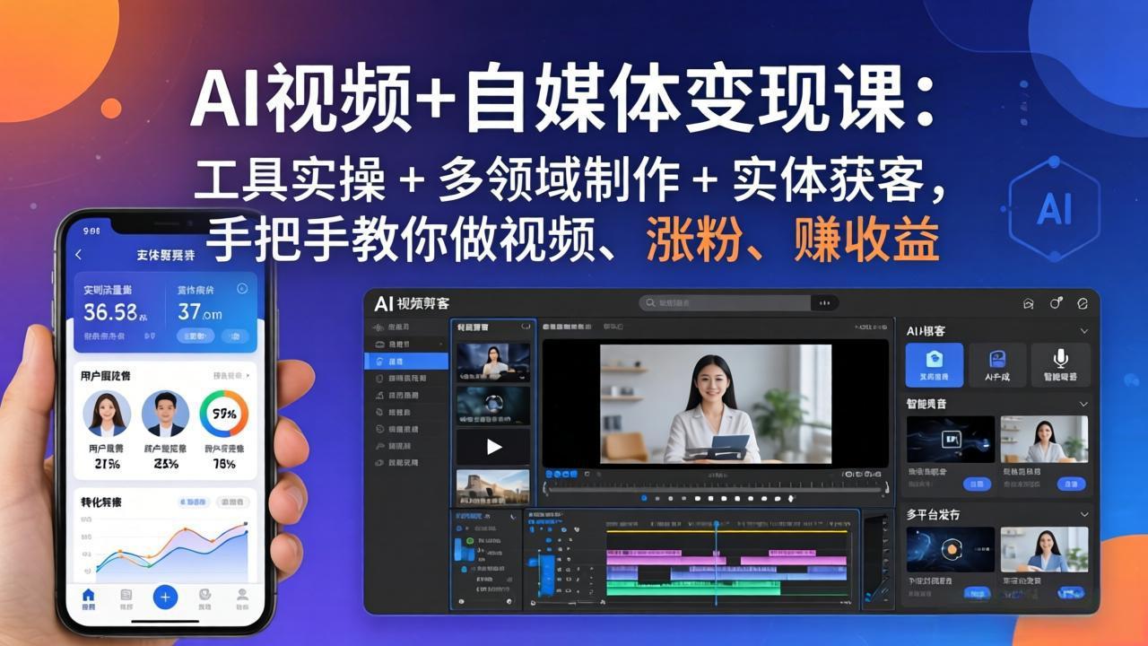 AI视频+自媒体变现课：工具实操 + 多领域制作 + 实体获客，手把手教你做视频、涨粉、赚收益-老莫涯