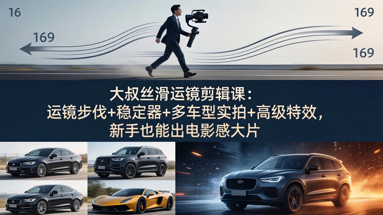 大叔丝滑运镜剪辑课：运镜步伐+稳定器+多车型实拍+高级特效，新手也能出电影感大片-老莫涯