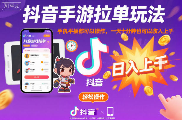 抖音手游拉单玩法，手机平板都可以操作，一天十分钟也可以收入上K【揭秘】-老莫涯