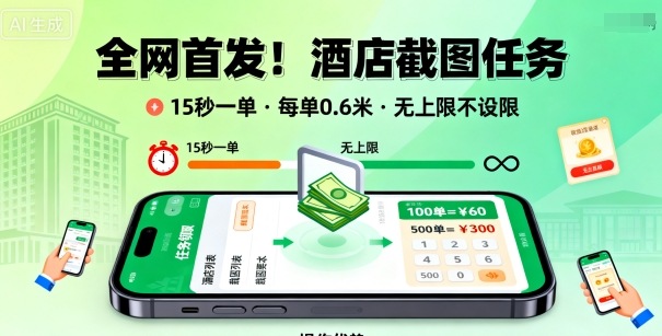 全网首发！酒店截图任务，15秒一单，每单0.6米，任务无上限不设限，矩阵操作单日3张到手【揭秘】-老莫涯