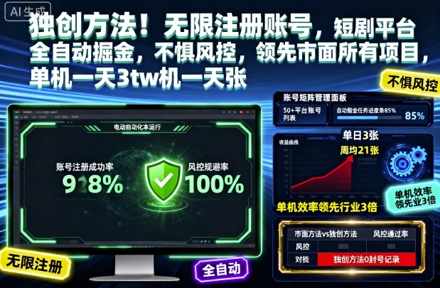 独创方法！无限注册账号，短剧平台全自动掘金，不惧风控，领先市面所有项目，单机一天3张【揭秘】-老莫涯
