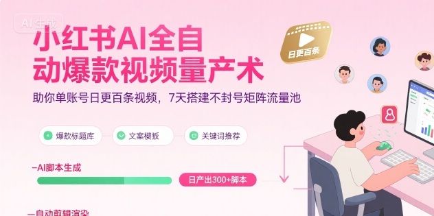 小红书AI全自动爆款视频量产术，助你单账号日更百条视频，7天搭建不封号矩阵流量池(更新9月)-老莫涯