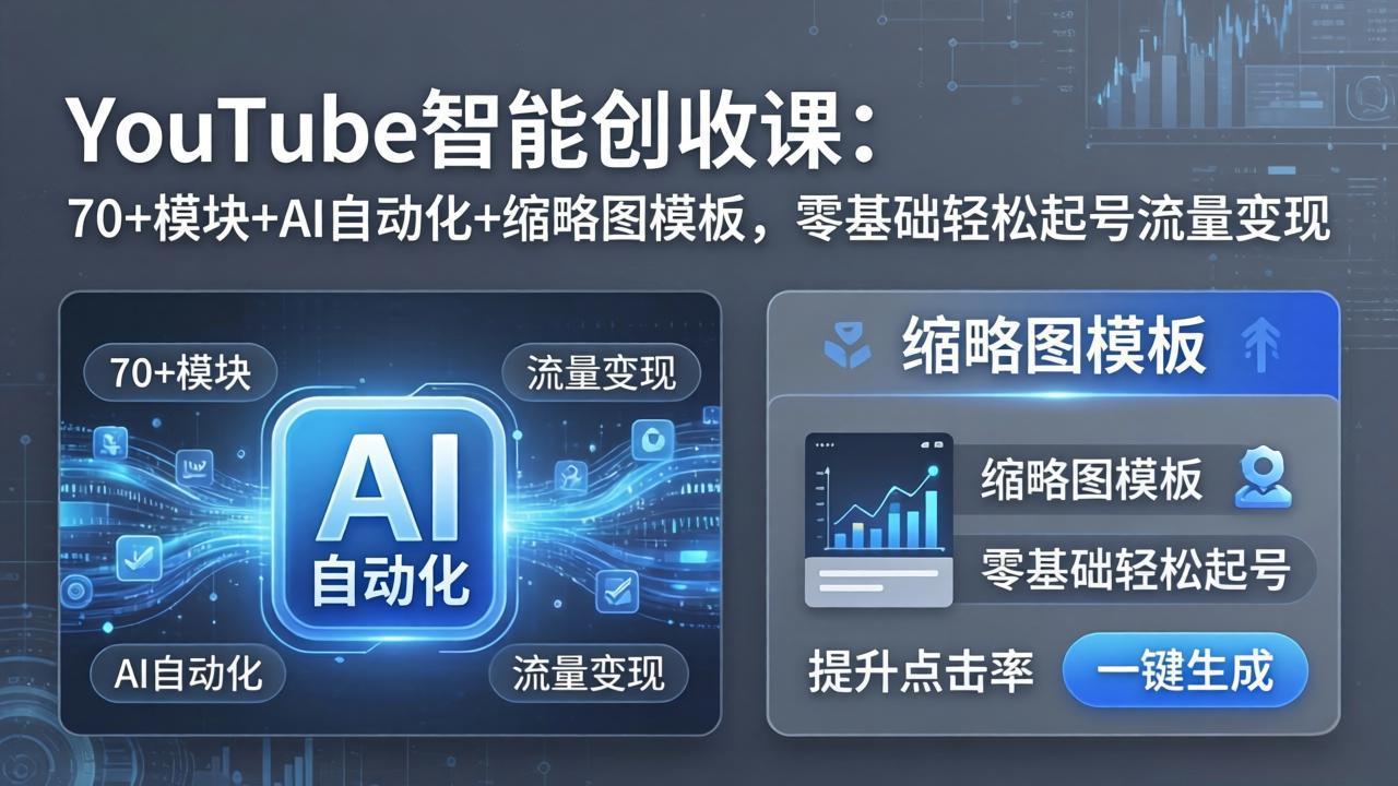 YouTube智能创收课：70+模块+AI自动化+缩略图模板，零基础轻松起号流量变现-老莫涯