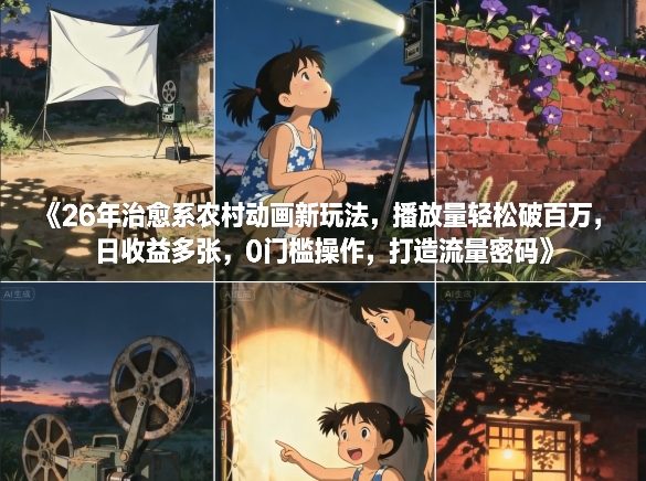 26年治愈系农村动画新玩法，播放量轻松破百万，日收益多张，0门槛操作，打造流量密码-老莫涯