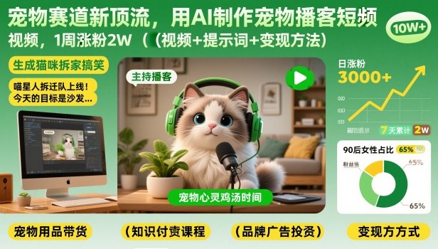 宠物赛道新顶流，用AI制作宠物播客短视频，1周涨粉2W(视频+提示词+变现方法)-老莫涯