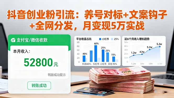 抖音创业粉引流：养号对标+文案钩子+全网分发，月变现5万实战-老莫涯