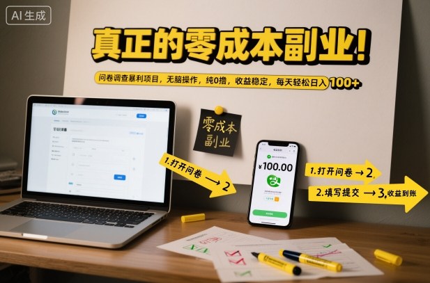 真正的零成本副业！问卷调查暴利项目，无脑操作，纯0撸，收益稳定，每天轻松日入100+【揭秘】-老莫涯