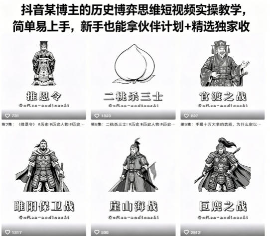 抖音某博主的历史博弈思维短视频实操教学，简单易上手，新手也能拿伙伴计划+精选独家收益-老莫涯