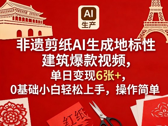 非遗剪纸AI生成地标性建筑爆款视频，单日变现6张+，0基础小白轻松上手，操作简单-老莫涯