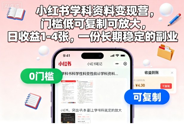 小红书学科资料变现营，门槛低可复制可放大，日收益1-4张，一份长期稳定的副业-老莫涯