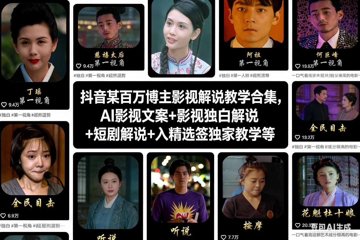 抖音某百万博主影视解说教学合集，AI影视文案+影视独白解说+短剧解说+入精选签独家教学等-老莫涯