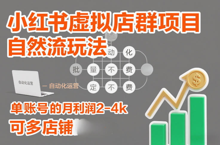 小红书虚拟店群项目，自然流玩法，批量自动化，稳定不费号，单账号的月利润2-4k，可多店矩阵-老莫涯