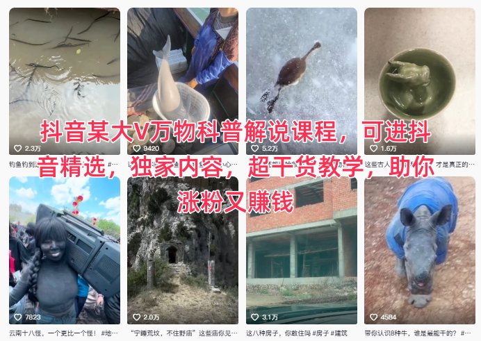 抖音某大V万物科普解说课程，可进抖音精选，独家内容，超干货教学，助你涨粉又賺钱-老莫涯