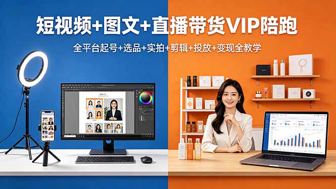 短视频+图文+直播带货VIP陪跑，全平台起号+选品+实拍+剪辑+投放+变现全教学-老莫涯
