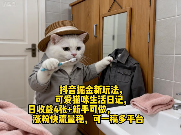 抖音掘金新玩法，可爱猫咪生活日记，日收益4张+新手可做，涨粉快流量稳，可一稿多平台-老莫涯