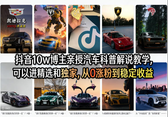 抖音10w博主亲授汽车科普解说教学，可以进精选和独家，从0涨粉到稳定收益(详细视频课程+1T素材)-老莫涯
