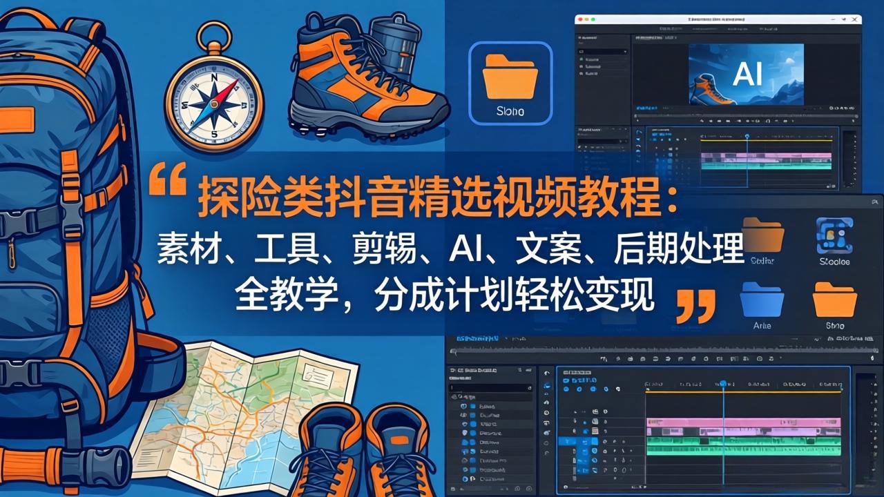 探险类抖音精选视频教程：素材、工具、剪辑、AI、文案、后期处理全教学，分成计划轻松变现-老莫涯