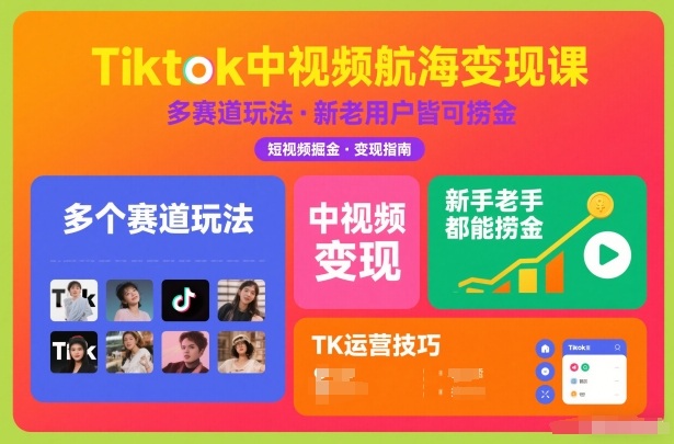 Tiktok中视频航海变现课，多个赛道玩法，新手老手都能在TK中视频捞金-老莫涯