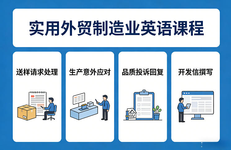 实用外贸制造业英语课程，教你专业处理送样请求、应对生产意外、回复品质投诉、撰写开发信等-老莫涯