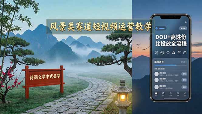 风景类赛道短视频运营教学：诗词文学中式美学，新号养号对标账号定位，DOU+高性价比投放全流程-老莫涯