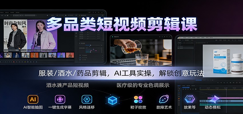 多品类短视频剪辑课：服装/酒水/药品剪辑，AI工具实操，解锁创意玩法-老莫涯