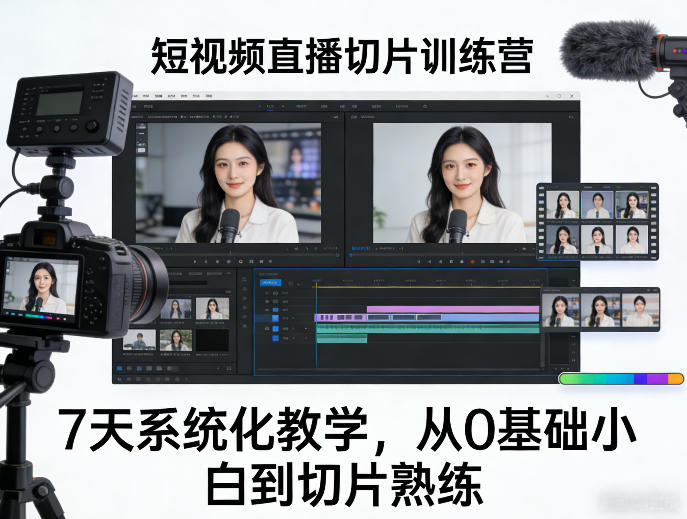 短视频直播切片训练营，7天系统化教学，从0基础小白到切片熟练-老莫涯