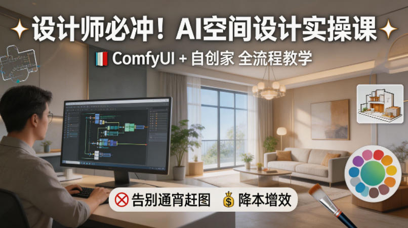 设计师必冲！AI空间设计实操课，ComfyUI+自创家全教学，告别通宵赶图，降本增效-老莫涯