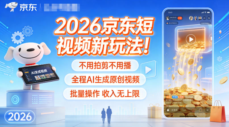 2026京东短视频新玩法！不用拍剪不用播，全程AI生成原创视频，批量操作收入无上限-老莫涯