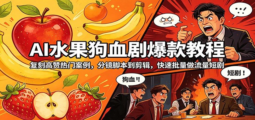 AI水果狗血剧爆款教程：复刻高赞热门案例，分镜脚本到剪辑，快速批量做流量短剧-老莫涯