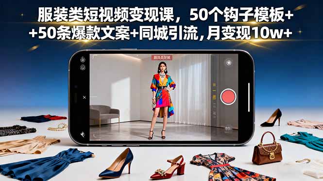 服装类短视频变现课，50个钩子模板+50条爆款文案+同城引流，月变现10w+-老莫涯