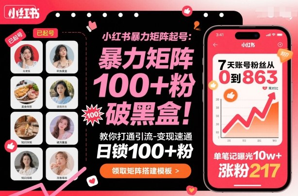 小红书暴力矩阵起号，教你打通引流-变现速通，日锁100+粉，破流量黑盒-老莫涯