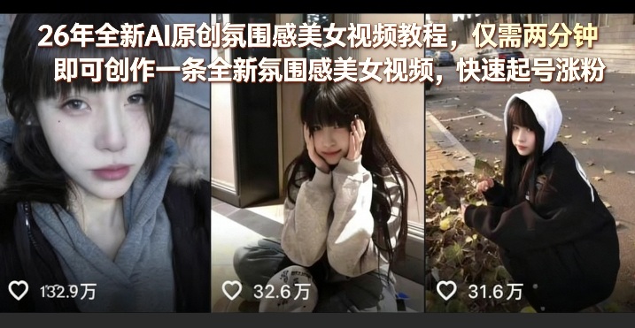 26年全新AI原创氛围感美女视频教程，仅需两分钟即可创作一条全新氛围感美女视频，快速起号涨粉-老莫涯