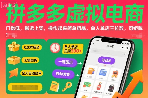 拼多多虚拟电商，门槛低，搬运上架，操作起来简单粗暴，单人单店三位数，可矩阵-老莫涯